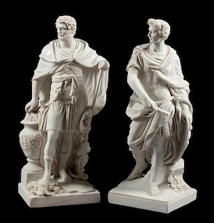 A Pair of Marble Figures of Roman Generals Height 25 x width 10 x depth 8 1/2 inches.