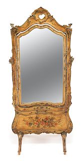 A Venetian Polychrome Painted Cheval Mirror Height 77 1/4 x width 35 x depth 19 1/4 inches.