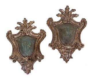A Pair of Italian Giltwood Sconces Height 23 inches.