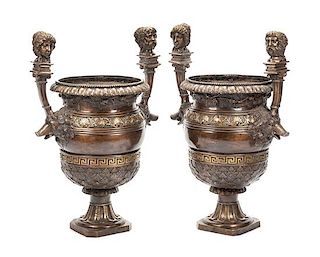 A Pair of Pompeian Style Patinated Bronze Urns Height 41 inches.
