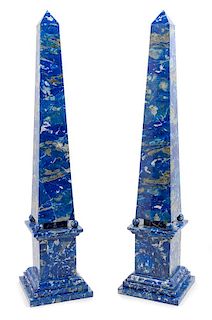 A Pair of Lapis Lazuli Obelisks Height 27 1/2 inches.