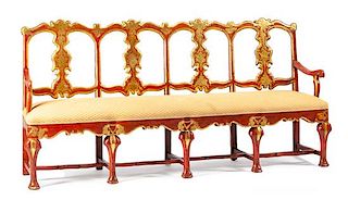 A Spanish Painted and Parcel Gilt Settee Height 42 x width 85 x depth 19 1/2 inches.