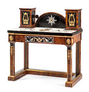 A Continental Specimen Marble Inlaid Lady's Writing Desk Height 43 1/2 x width 40 1/2 x depth 22 1/4 inches.