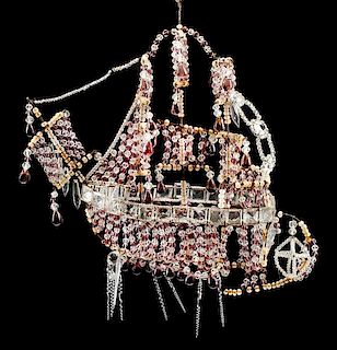 A Continental Diminutive Beaded Ship-Form Hanging Ornament Width 19 inches.
