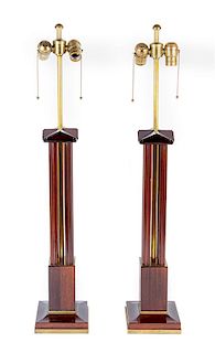 A Pair of Neoclassical Style Mahogany and Brass Table Lamps Height overall 34 1/2 inches.