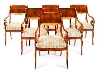 A Set of Six Russian Empire Parcel Gilt Mahogany Armchairs Height 34 3/4 inches.