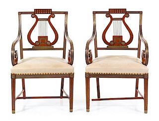 A Pair of Russian Neoclassical Brass Inlaid Mahogany Armchairs Height 40 inches.