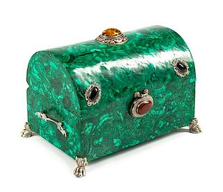 A Russian Jeweled Malachite Table Casket Width 13 1/4 inches.