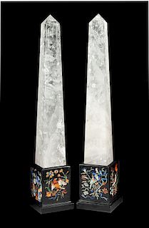 A Pair of Rock Crystal and Specimen Marble Obelisks Height overall 25 inches.