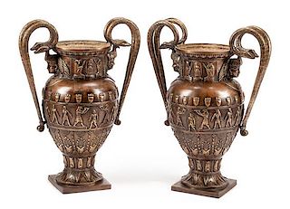 A Pair of Egyptianesque Patinated Bronze Urns Height 33 inches.