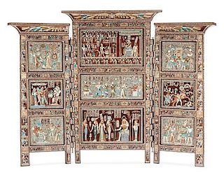 An Egyptian Revival Inlaid Three-Panel Floor Screen Height 70 x width overall 85 inches.