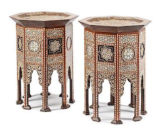 A Pair of Moorish Style Marquetry Tables Height 29 x diameter of top 21 1/4 inches.