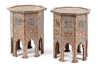A Pair of Moorish Style Marquetry Occasional Tables Height 25 x diameter of top 20 1/2 inches.