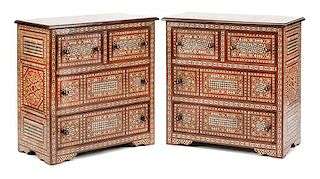 A Pair of Moorish Style Marquetry Chests of Drawers Height 33 1/2 x width 33 x depth 16 1/2 inches.