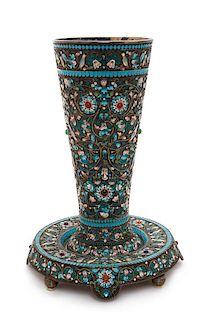 A Russian Enameled Silver Vase and Underplate, Mark of Mikail Grachev with an Imperial Warrant, St. Petersburg, Late 19th/Early