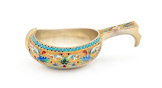 * A Russian Silver-Gilt and Enamel Kovsh, Mark of Ivan Saltykov, Moscow, Late 19th Century, with polychrome enameled floral and