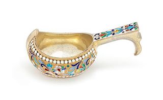 * A Russian Silver-Gilt and Enamel Kovsh, Maker's Mark Cyrillic ND, 20th Century, the body and handle decorated with polychrome