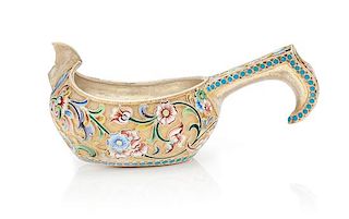 * A Russian Silver-Gilt and Enamel Kovsh, Mark of the 11th Artel, Moscow, 20th Century, with polychrome enameled floral and foli