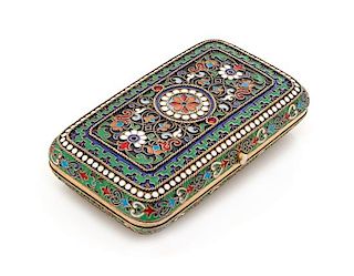 * A Russian Enameled Silver Cigarette Case, Mark of Pavel Ovchinnikov with Imperial Warrant, Moscow, 1876, the lid centered with