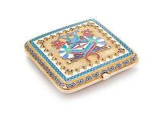 * A Russian Silver-Gilt and Enamel Cigarette Case, Mark of Ivan Saltykov, Moscow, 1892, of square form, the lid and underside wi