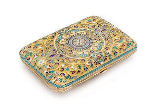 * A Russian Silver-Gilt and Enamel Cigarette Case, Likely Mark of V. Rassadin, Moscow, Late 19th Century, the lid with a central