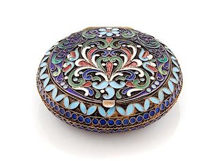 * A Russian Enameled Silver Snuff Box, Maker's Mark Cyrillic IZO, Moscow, Mid-20th Century, the circular case with polychrome en