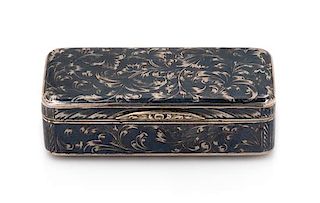 * A Russian Niello Silver Snuff Box, Maker's Mark Cyrillic NFG, Moscow, 19th Century, the rectangular case with rounded corners