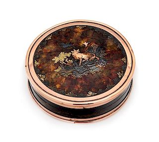 * A Continental 12-Karat Tri-Colored Gold and Tortoise Shell Decorated Snuff Box Diameter 3 1/4 inches.