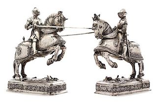 A Pair of German Silver Equestrian Groups, Ludwig Neresheimer, Hanau, Late 19th/Early 20th Century, each in the form of a chargi