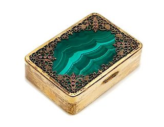 An Italian Malachite and Ruby Inset Silver-Gilt Snuff Box, Maker's Mark Obscured, Early 20th Century, the lid with an inset mala