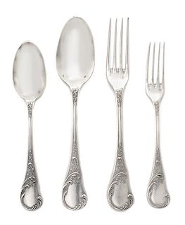 A French Silver Flatware Service, Pierre Queille, Paris, Late 19th Century, the undersides of the handles with a script monogram