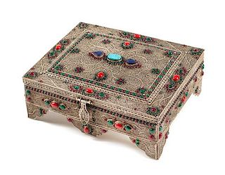 A Middle Eastern Emerald, Ruby and Lapis Lazuli Mounted Silver Filigree Table Casket, 20th Century,