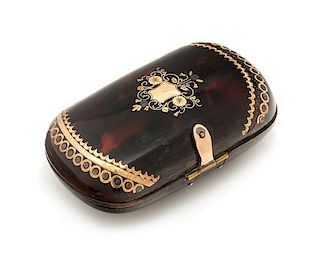 * A Victorian 14-Karat Rose Gold Inlaid Tortoise Shell Coin Purse Width 2 3/4 inches.