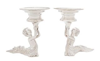 * A Pair of English Silver Figural Tazze, C. J. Vander, Sheffield, Late 20th/Early 21st Century, each dish supported by a merchi
