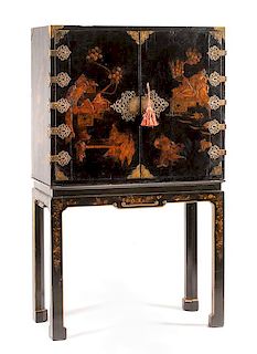 A George II Style Lacquered Cabinet on Stand Height overall 64 x width 38 x depth 19 inches.