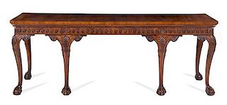 A George III Style Burl Walnut Console Table Height 33 1/2 x width 93 x depth 28 inches.