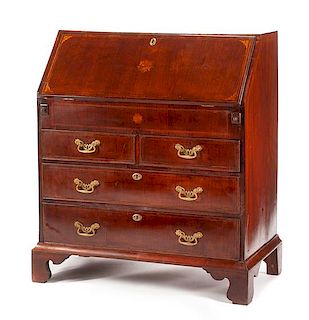 A George III Mahogany and Marquetry Slant-Front Desk Height 42 x width 36 x depth 20 inches.