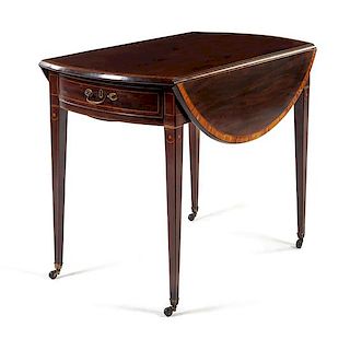 A George III Inlaid Mahogany Pembroke Table Height 28 x width 21 x depth 36 inches.