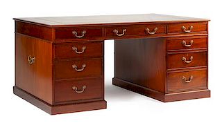 A George III Style Mahogany Partner's Desk Height 31 x width 43 1/2 x depth 21 inches.