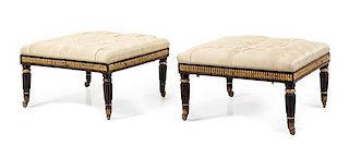 A Pair of Regency Ebonized and Parcel Gilt Stools Height 15 x width 26 1/4 x depth 26 1/4 inches.