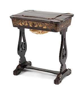 A Regency Chinoiserie Lacquered Sewing Table Height 26 x width 23 x depth 16 inches.
