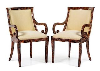 A Pair of Regency Style Tortoise Shell Veneered Armchairs Height 36 inches.