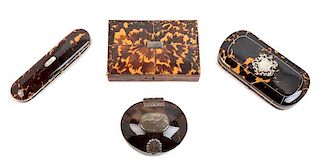 Four English Tortoise Shell Articles Largest: height 1 1/8 x width 5 3/4 x depth 3 3/4 inches.