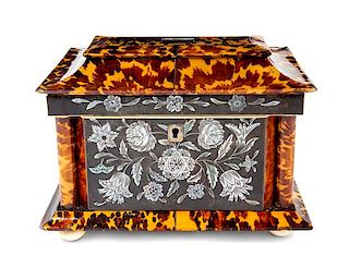 A Victorian Silver Inlaid Tortoise Shell Tea Caddy Height 6 x width 8 1/4 x depth 4 3/4 inches.