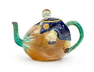 * A Mintons Majolica Figural Teapot Height 5 1/4 x width 7 1/2 inches.