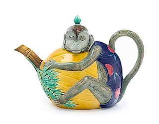 * A Mintons Majolica Zoomorphic Teapot Height 7 x width 9 3/4 inches.