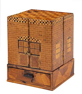 An English Marquetry Jewelry Cabinet Height 9 3/4 x width 7 3/8 x depth 7 1/8 inches.