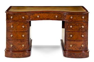 An English Burl Walnut Pedestal Desk Height 29 x width 54 x depth 27 inches.