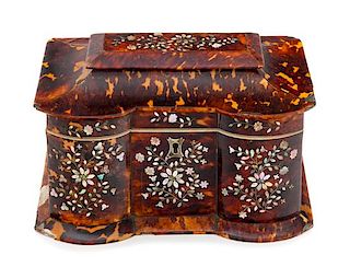 * An English Mother-of-Pearl Inlaid Tortoise Shell Tea Caddy Height 4 3/4 x width 7 7/8 inches.