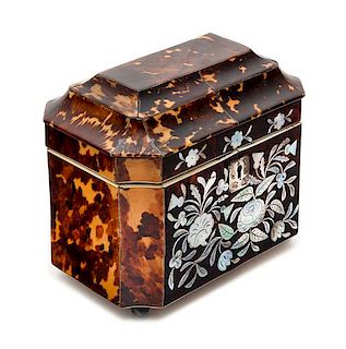 * An English Mother-of-Pearl Inlaid Tortoise Shell Tea Caddy Height 5 1/2 x width 6 1/2 inches.